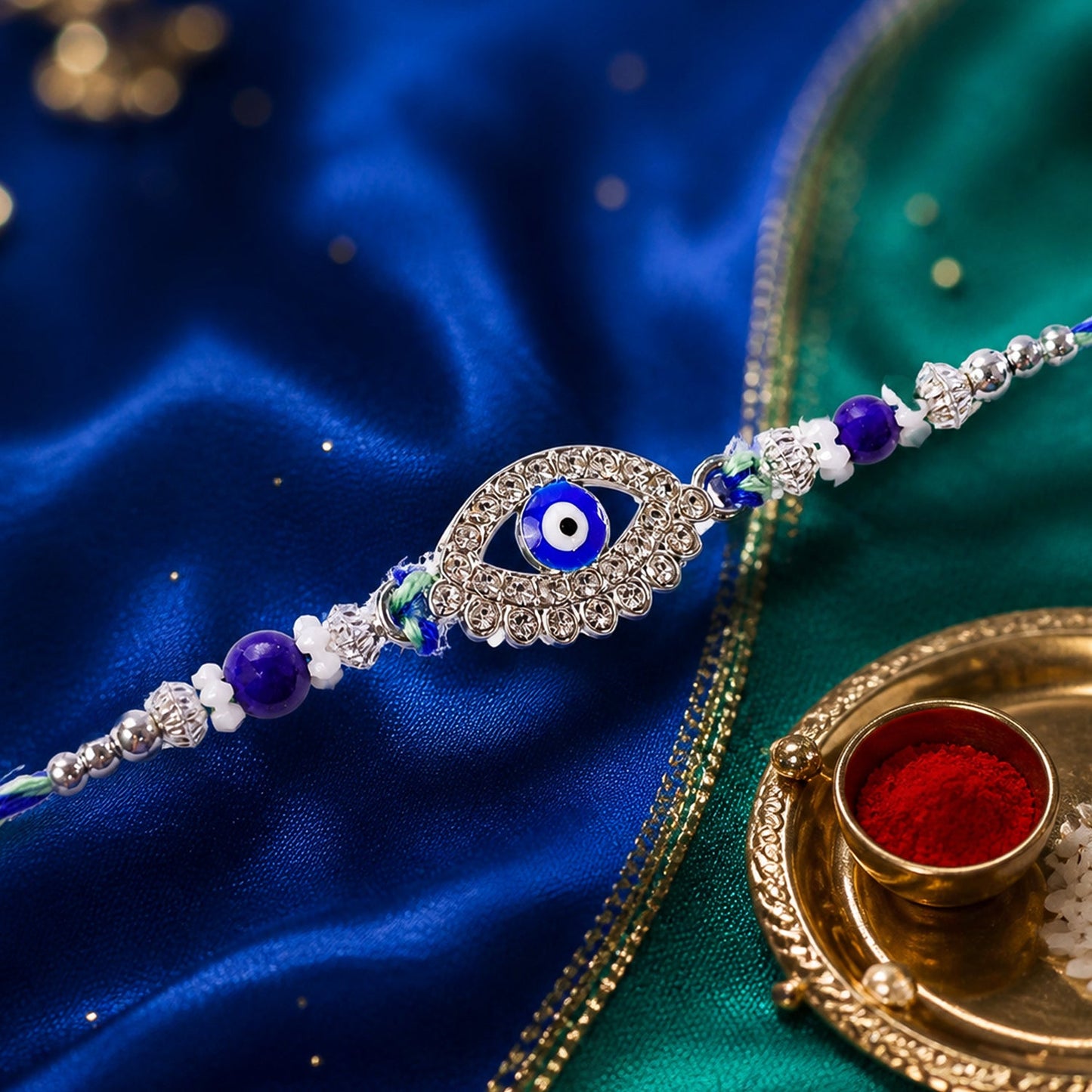Studded Nazar Evil Eye Diamond Shape Crystal Floral Beads Rakhi