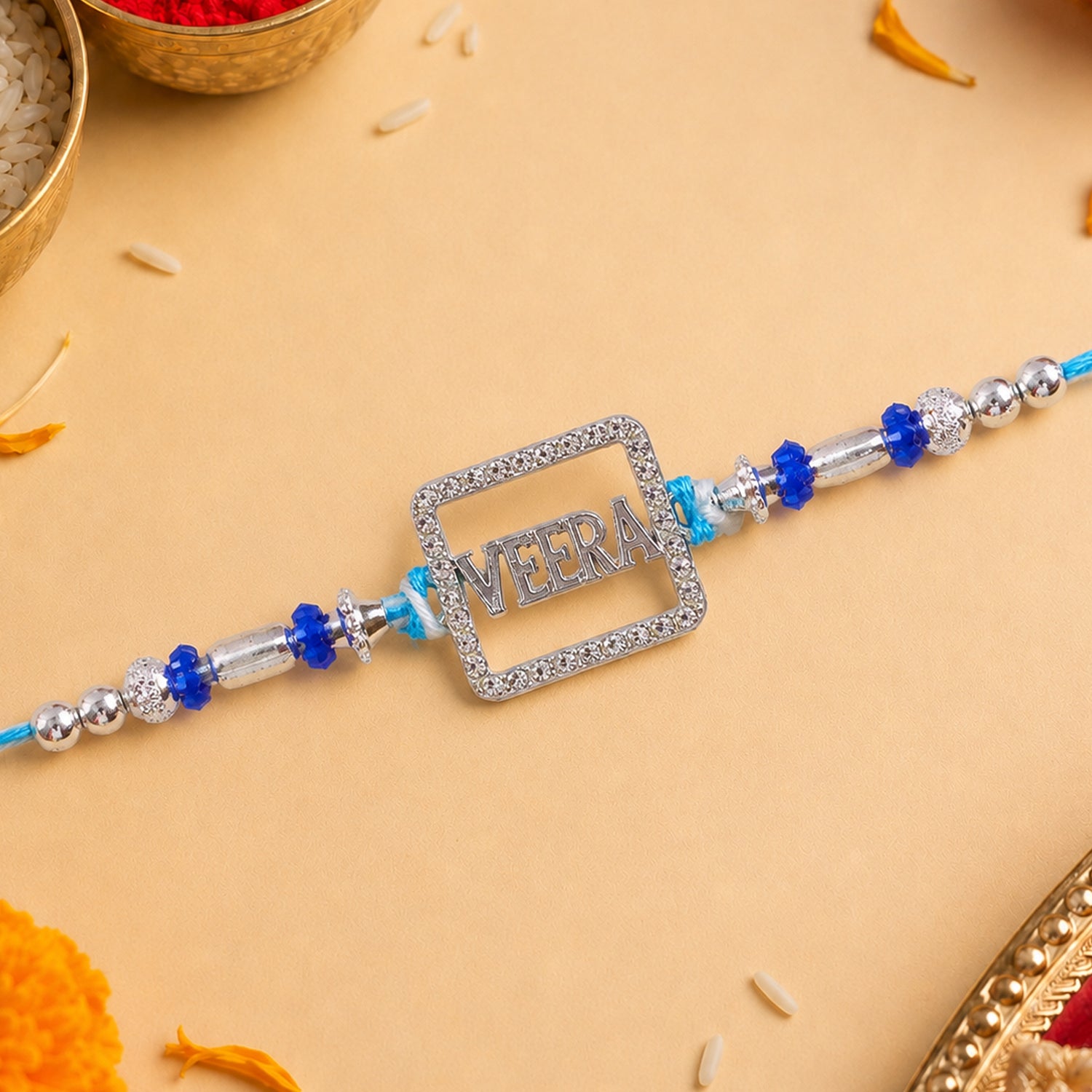 Veera Square Frame Studded Crystal Stone Traditional Premium Rakhi