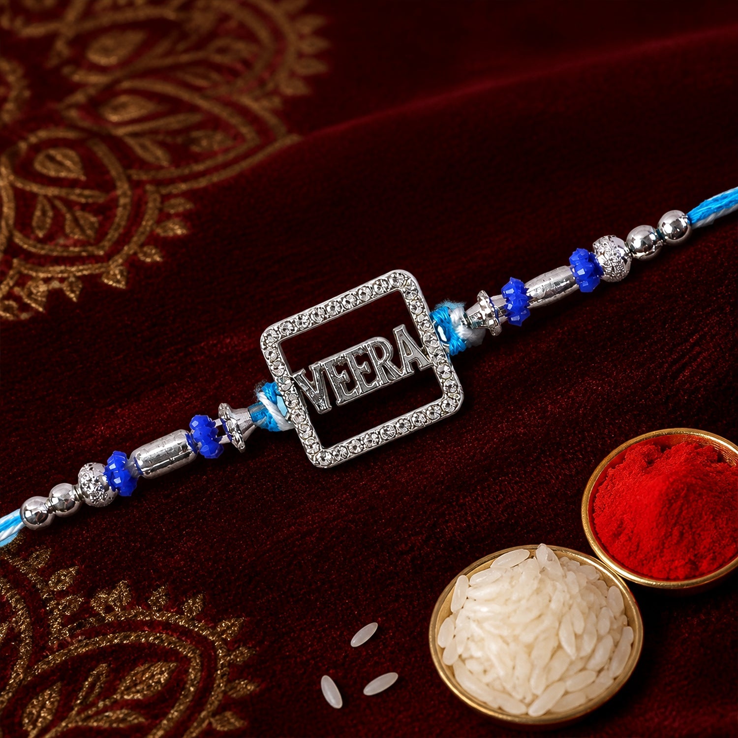 Veera Square Frame Studded Crystal Stone Traditional Premium Rakhi
