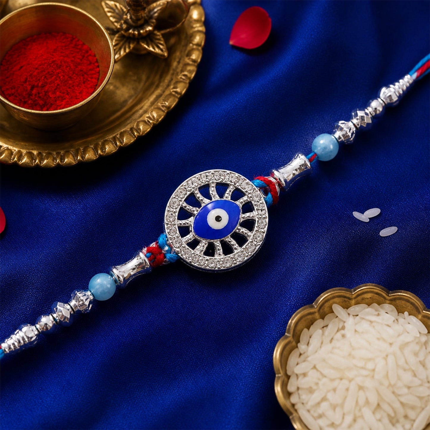Round Chakra Nazar Evil Eye Crystal Stone Pastel Beads Rakhi