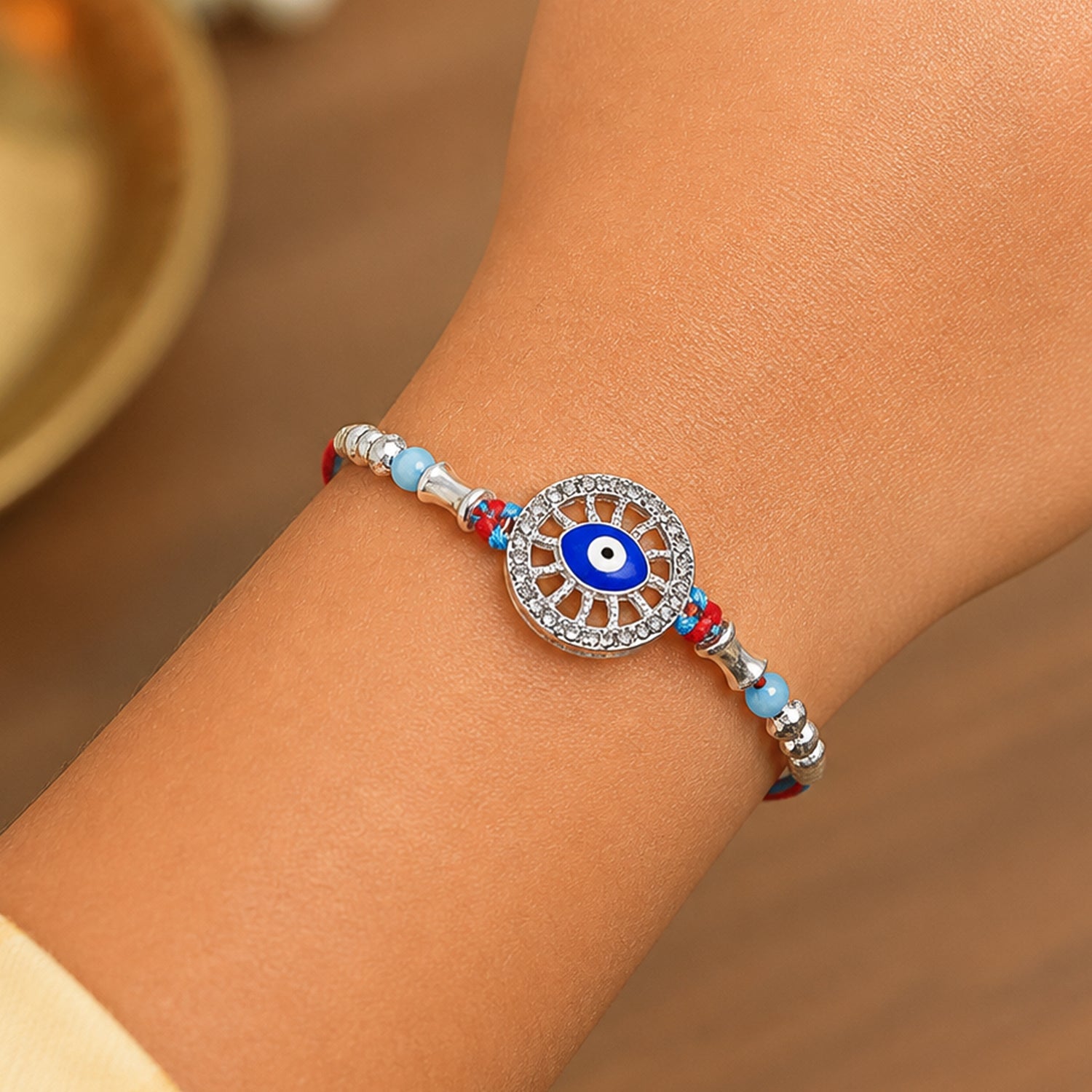 Round Chakra Nazar Evil Eye Crystal Stone Pastel Beads Rakhi