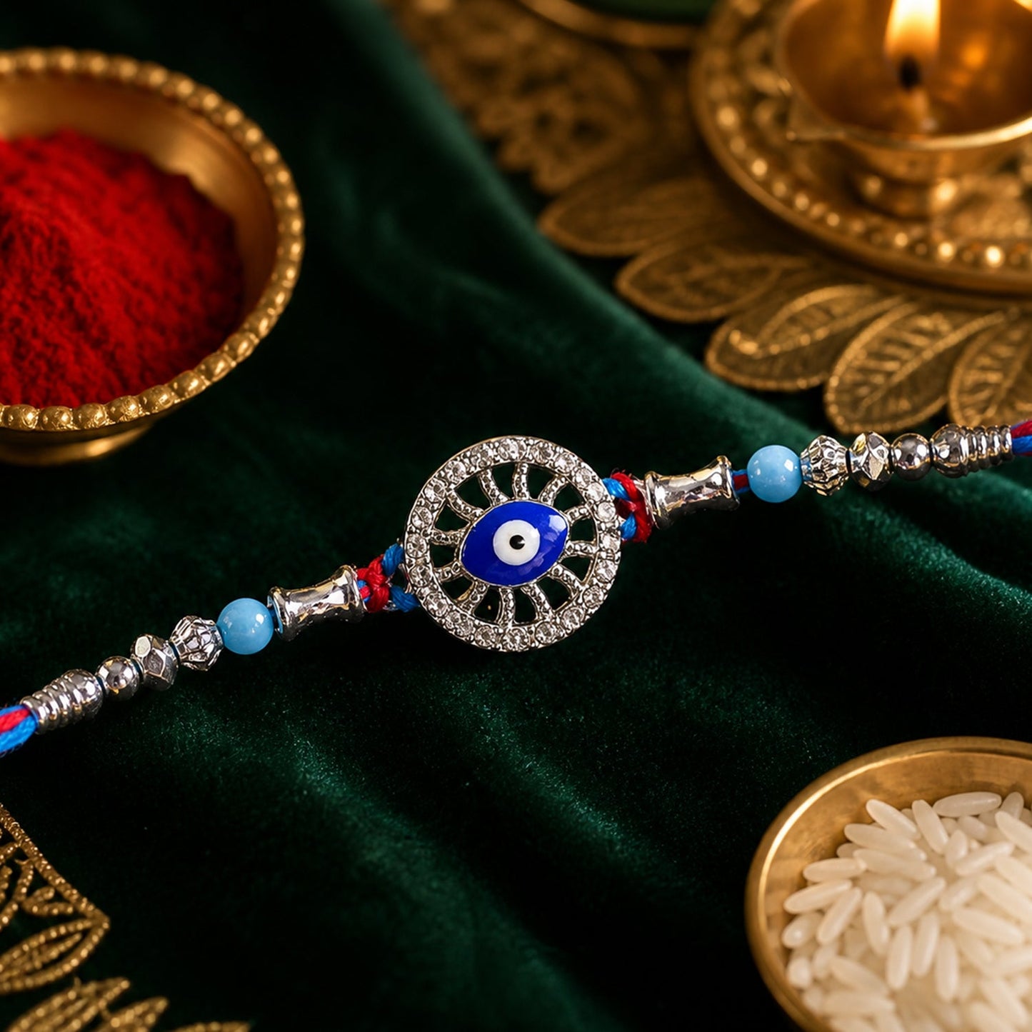 Round Chakra Nazar Evil Eye Crystal Stone Pastel Beads Rakhi