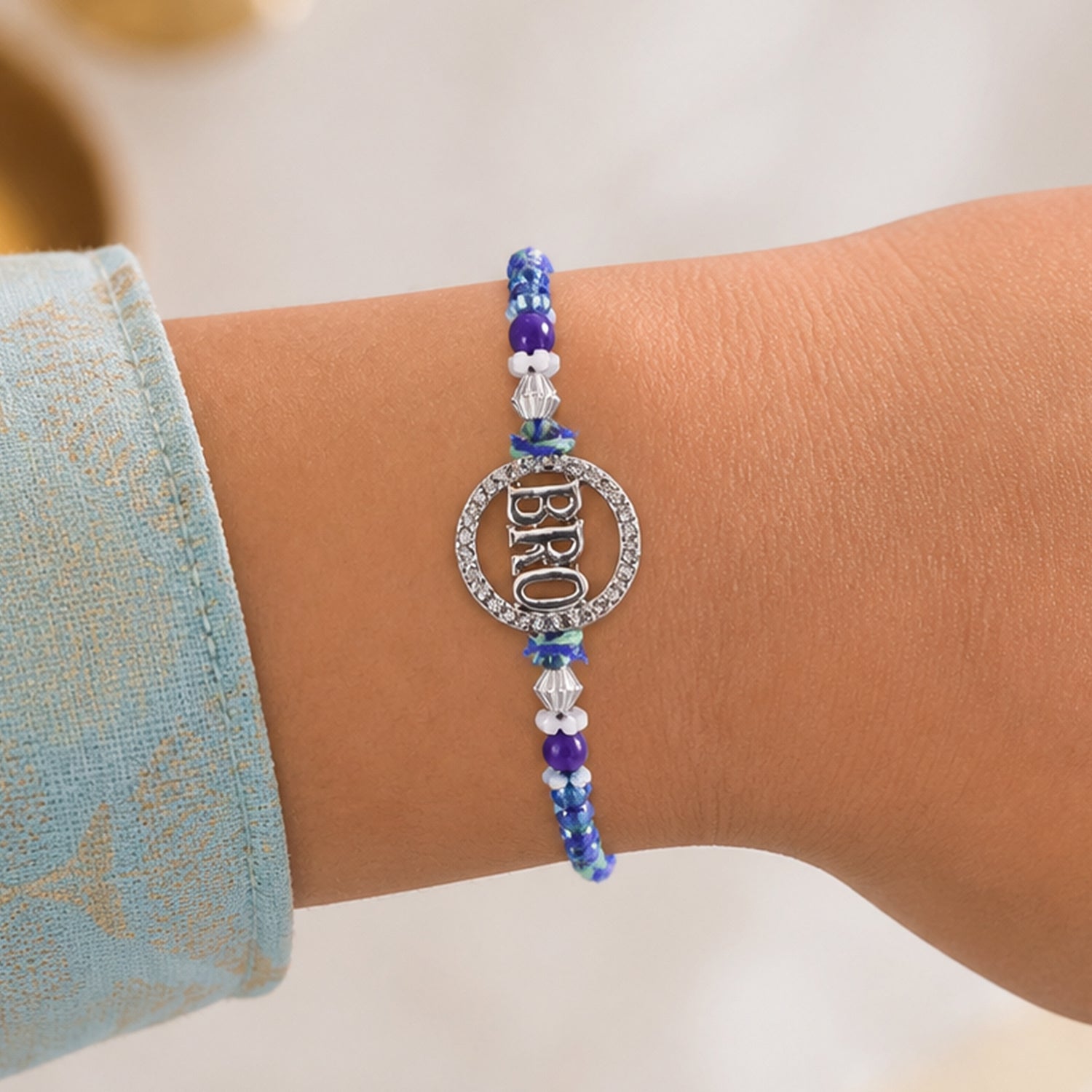 Bro Round Circle Frame Studded Crystal Amethyst Floral Beads Rakhi