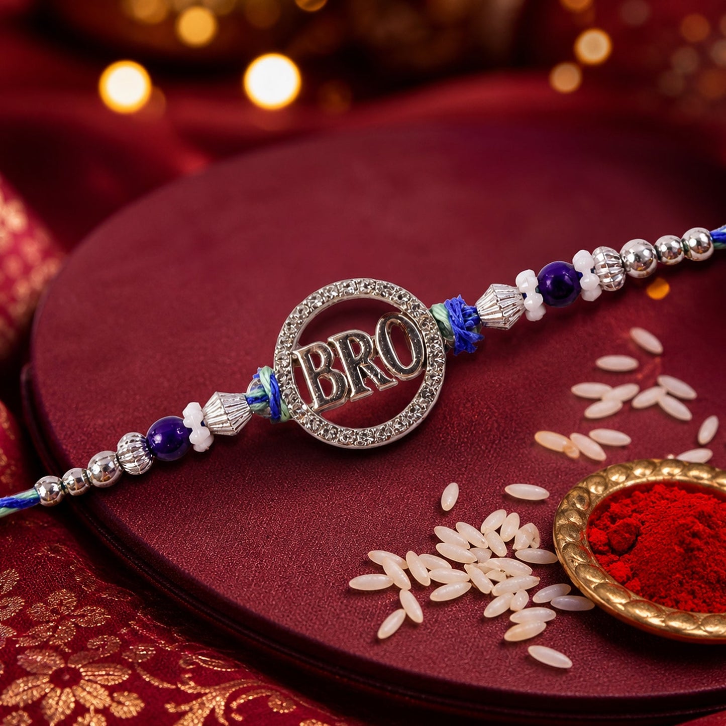 Bro Round Circle Frame Studded Crystal Amethyst Floral Beads Rakhi