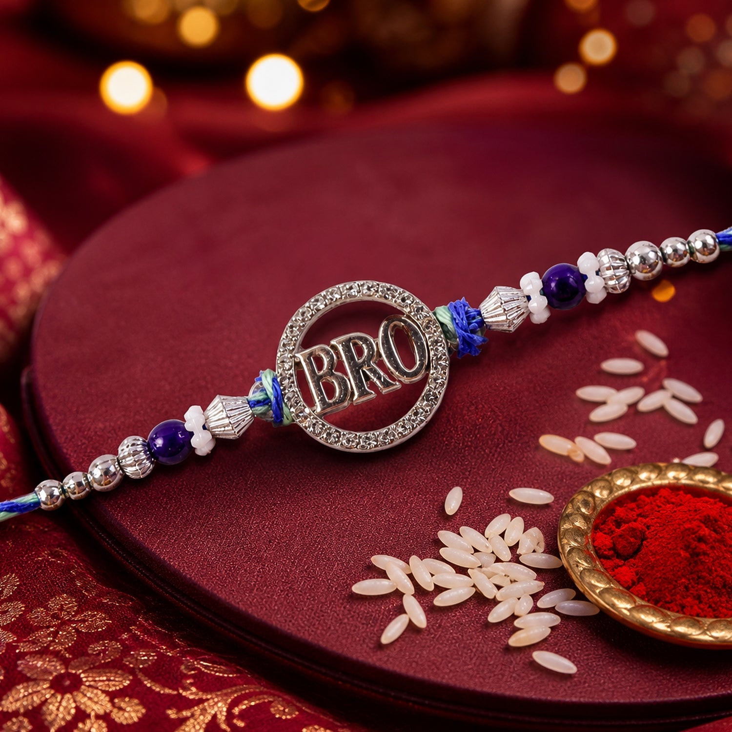 Bro Round Circle Frame Studded Crystal Amethyst Floral Beads Rakhi