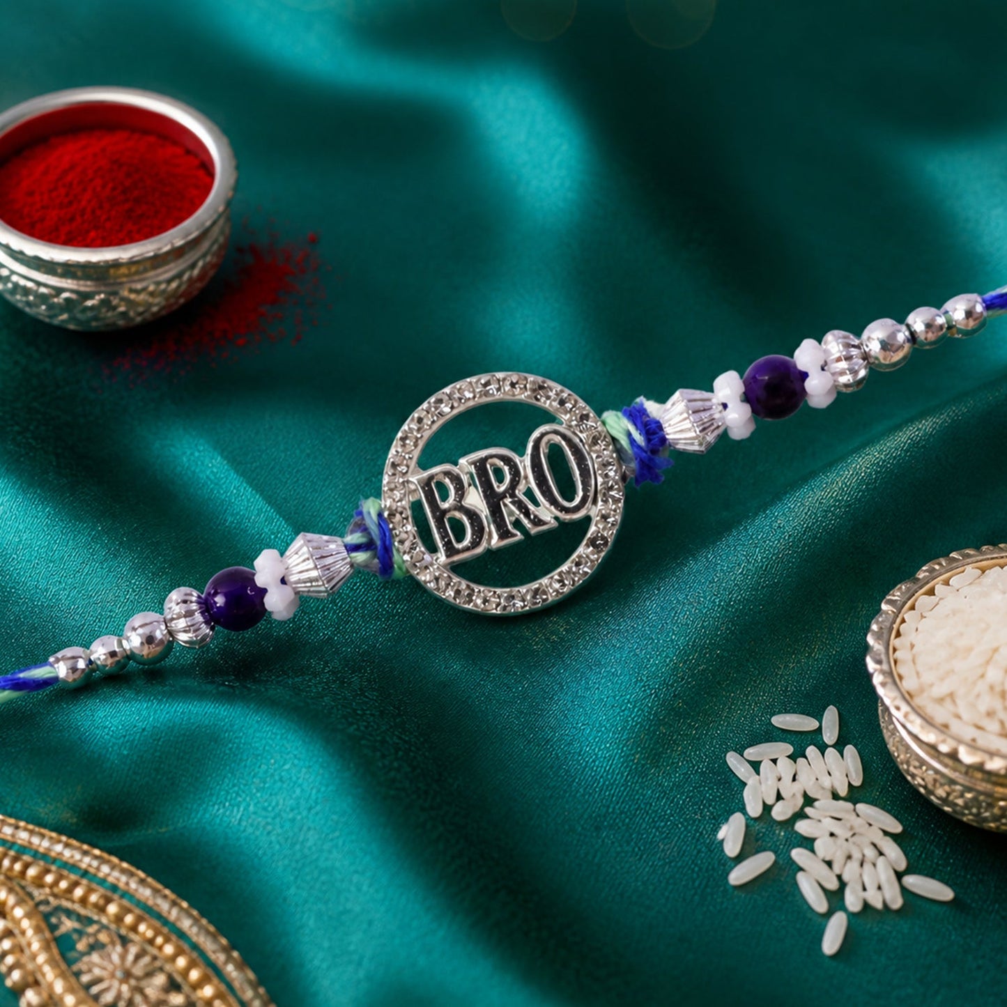 Bro Round Circle Frame Studded Crystal Amethyst Floral Beads Rakhi