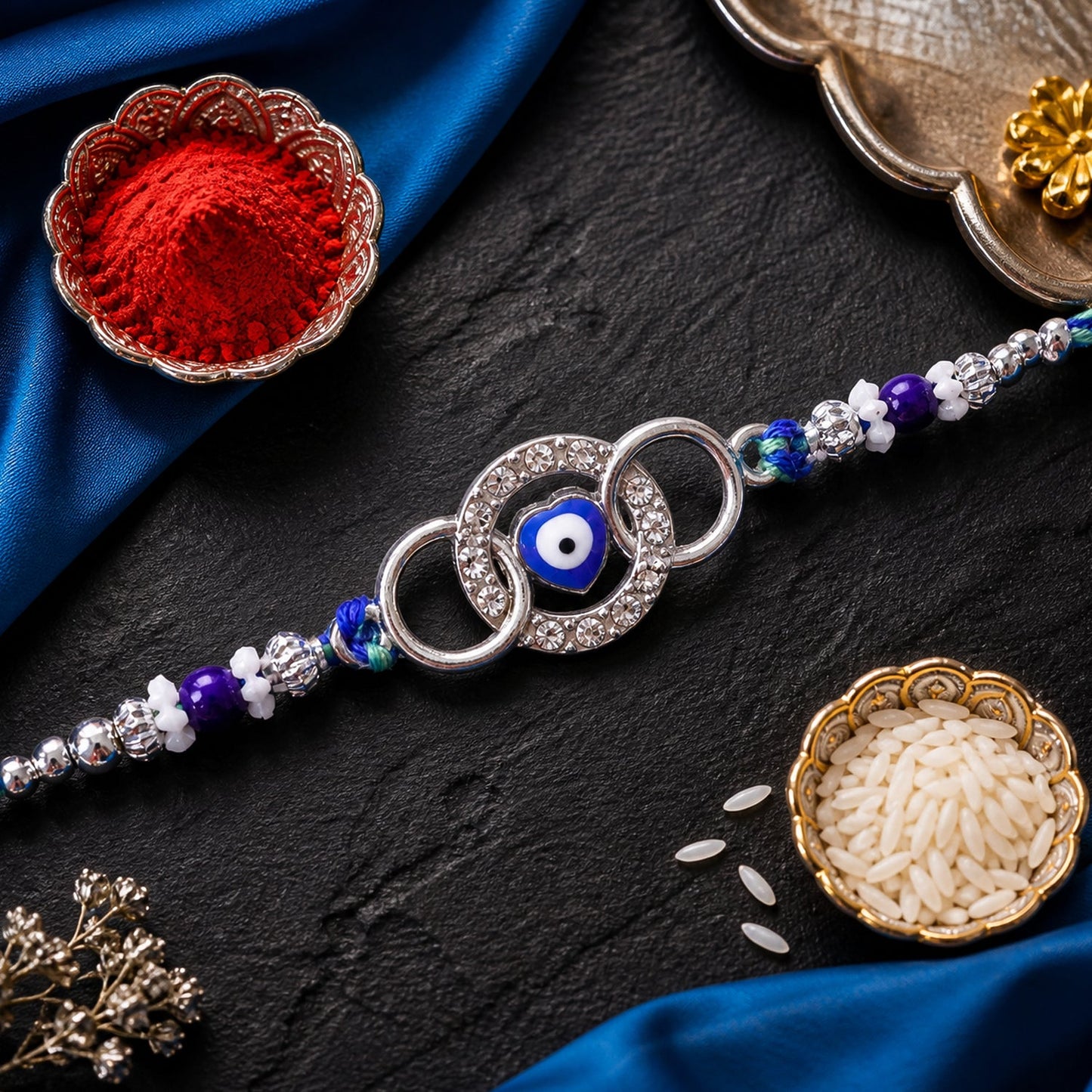 Stylish Round Ring Nazar Evil Eye Crystal Floral Beads Rakhi