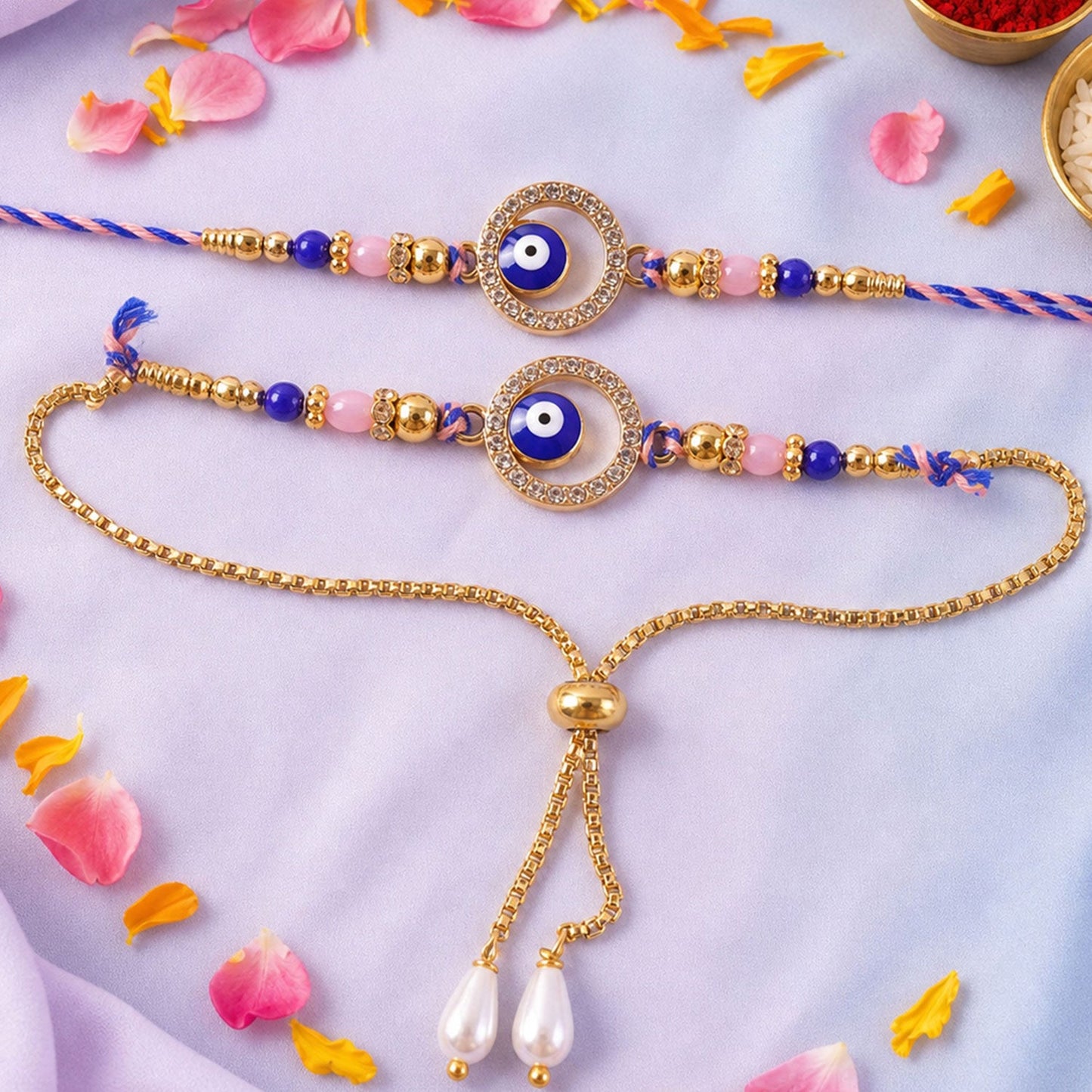 Premium Evil Eye Bhai Bhabhi Lumba Rakhi Set with Pearl Tassel Chain