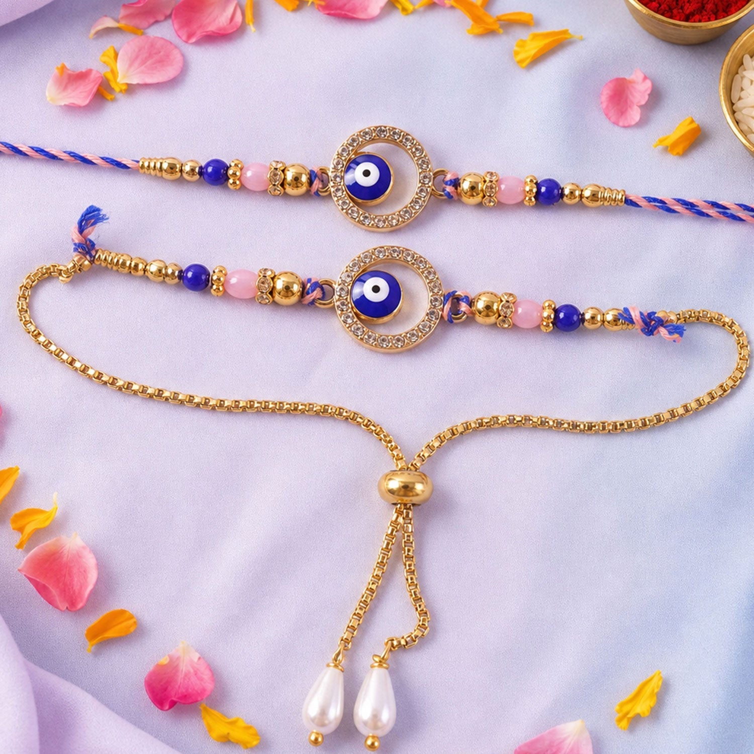 Premium Evil Eye Bhai Bhabhi Lumba Rakhi Set with Pearl Tassel Chain