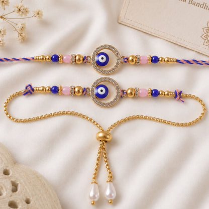 Premium Evil Eye Bhai Bhabhi Lumba Rakhi Set with Pearl Tassel Chain