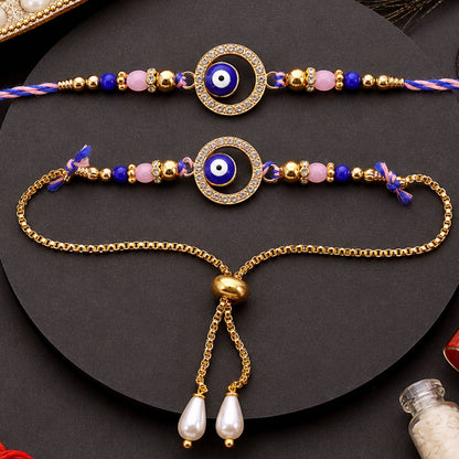 Premium Evil Eye Bhai Bhabhi Lumba Rakhi Set with Pearl Tassel Chain