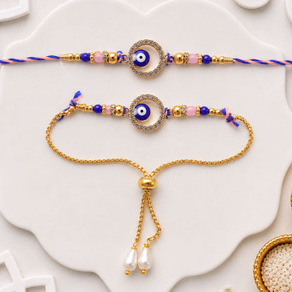Premium Evil Eye Bhai Bhabhi Lumba Rakhi Set with Pearl Tassel Chain