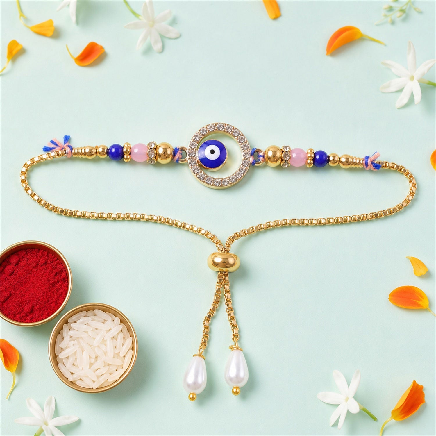 Premium Evil Eye Bhai Bhabhi Lumba Rakhi Set with Pearl Tassel Chain