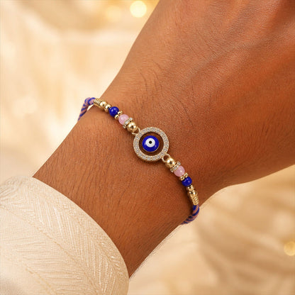 Premium Evil Eye Bhai Bhabhi Lumba Rakhi Set with Pearl Tassel Chain