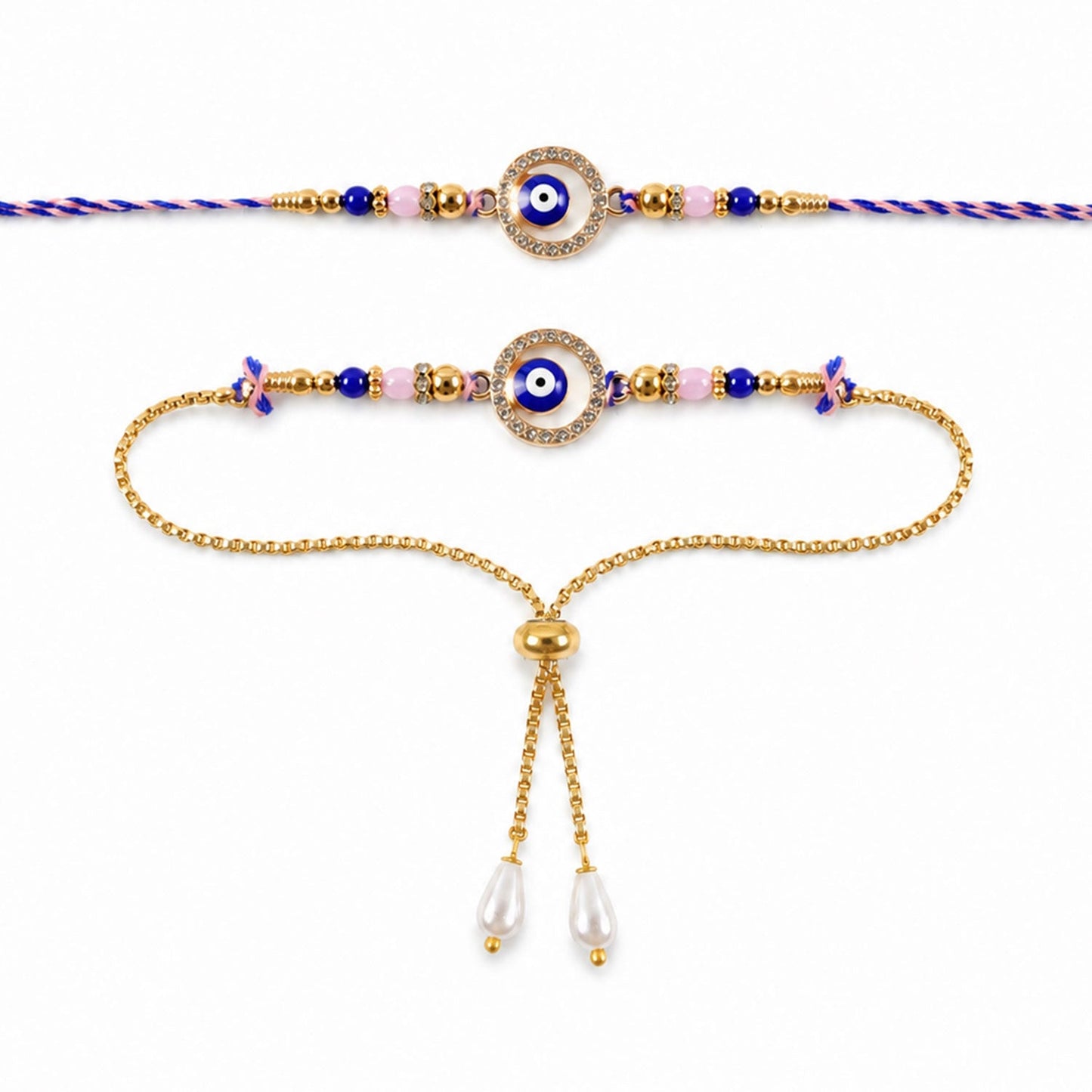 Premium Evil Eye Bhai Bhabhi Lumba Rakhi Set with Pearl Tassel Chain