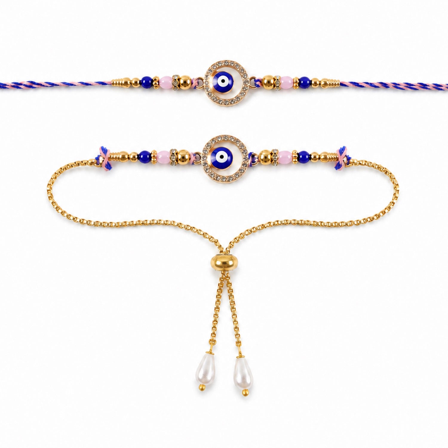 Premium Evil Eye Bhai Bhabhi Lumba Rakhi Set with Pearl Tassel Chain