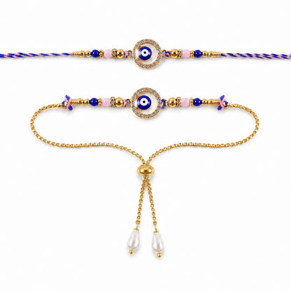 Premium Evil Eye Bhai Bhabhi Lumba Rakhi Set with Pearl Tassel Chain