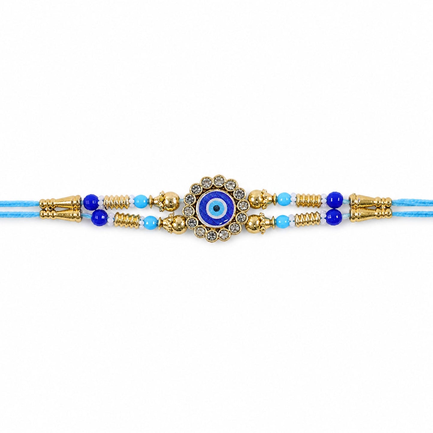 Round Evil Eye Kundan Rakhi with Pearl Beads and Ornate Center Design
