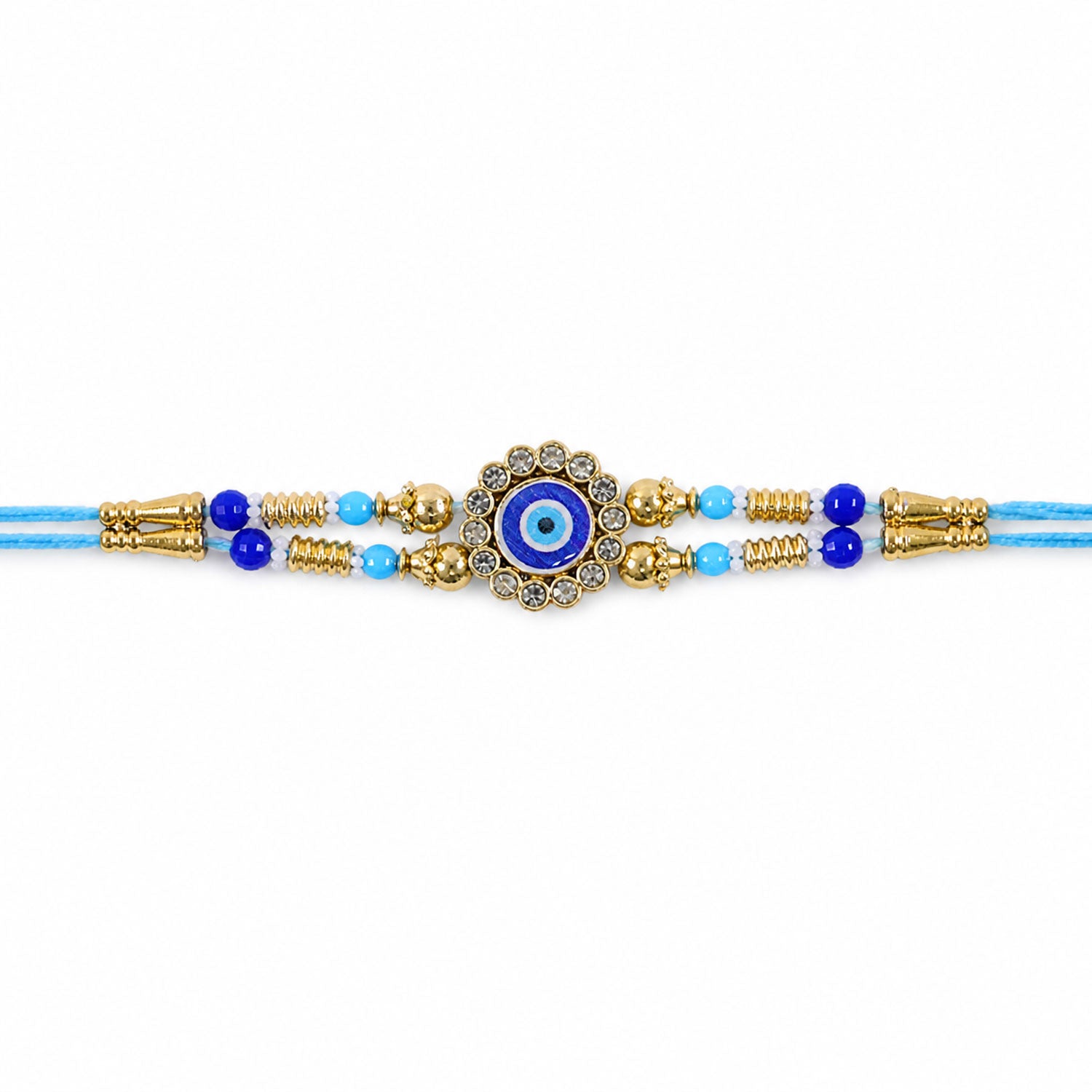 Round Evil Eye Kundan Rakhi with Pearl Beads and Ornate Center Design