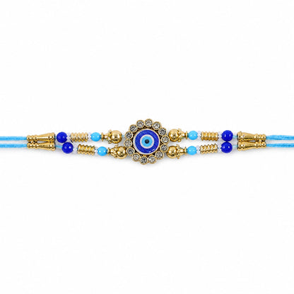 Round Evil Eye Kundan Rakhi with Pearl Beads and Ornate Center Design