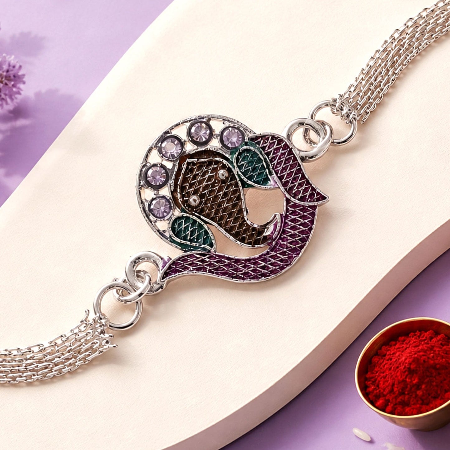 Ganesha Chain Rakhi with Stone Charm and Bracelet Style Detail
