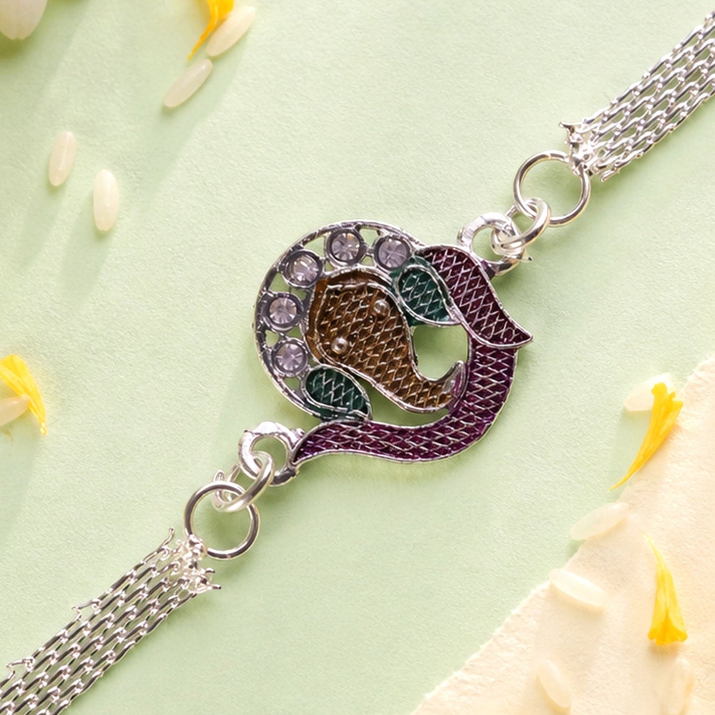 Ganesha Chain Rakhi with Stone Charm and Bracelet Style Detail