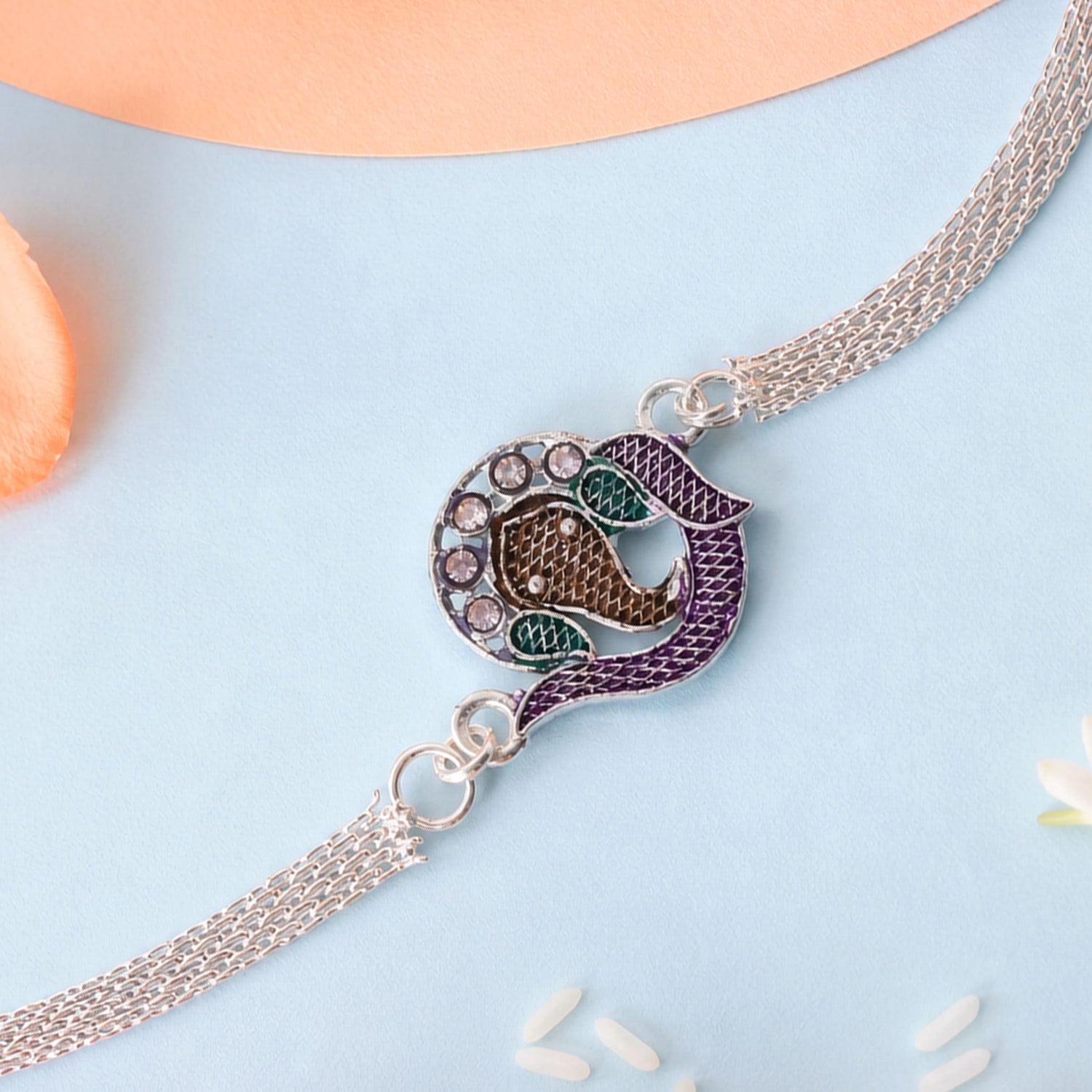 Ganesha Chain Rakhi with Stone Charm and Bracelet Style Detail