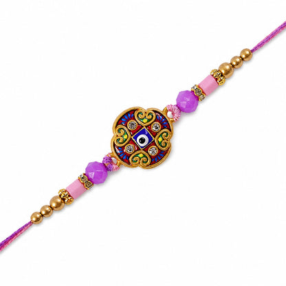 Round Evil Eye Mandala Stone Rakhi with Pearl Beads and Festive Center Charm