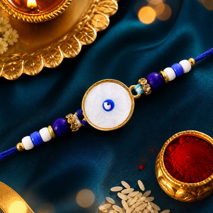 Classic Evil Eye Rakhi with Pearl Beads and Smooth Round Center Detail