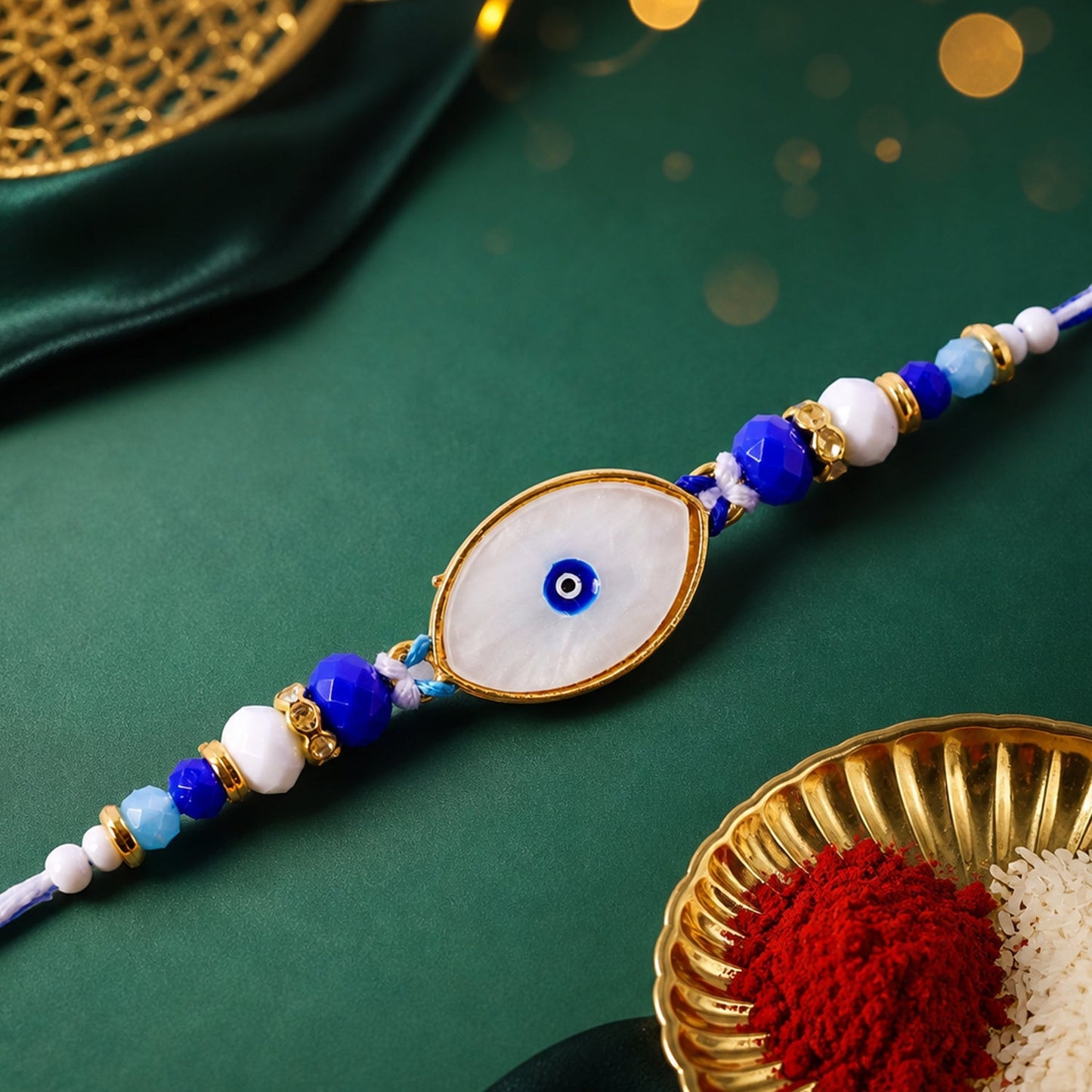 Oval Evil Eye Beaded Rakhi with Pearl Accent and Minimal Center Detail