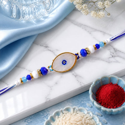 Oval Evil Eye Beaded Rakhi with Pearl Accent and Minimal Center Detail