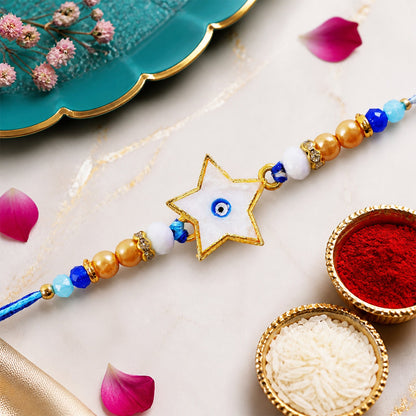 Star Evil Eye Rakhi with Pearl Beads and Cute Center Charm Design
