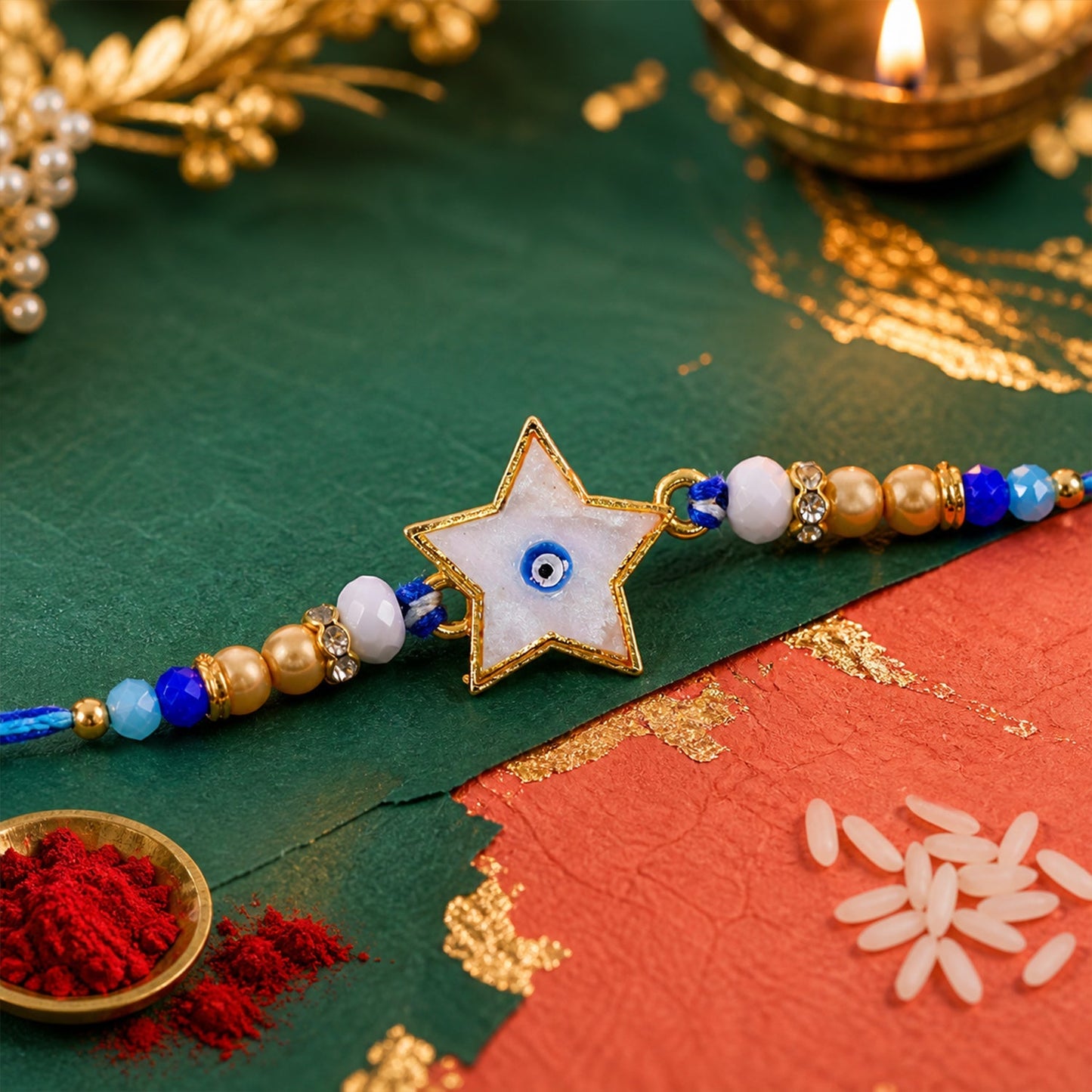 A blue rakhi with a white star evil eye charm, gold and blue beads, with a red powder bowl and rice grains.