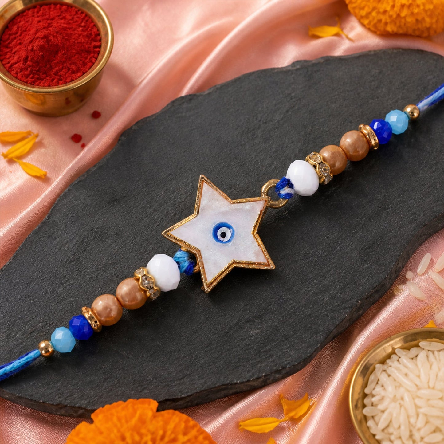 Star Evil Eye Rakhi with Pearl Beads and Cute Center Charm Design