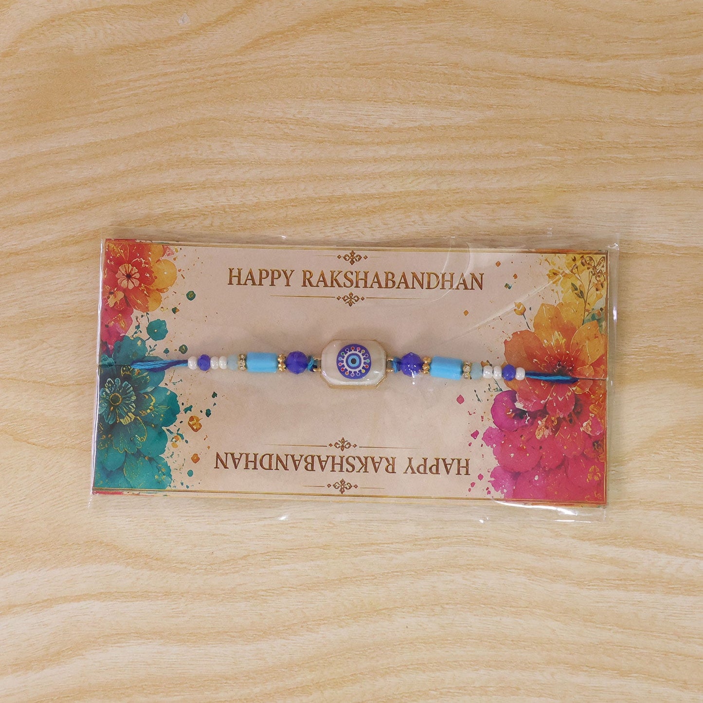 Round Nazar Stone Rakhi with Beaded String and Traditional Center Detail