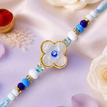 Flower Evil Eye Rakhi with Pearl Beads and Soft Petal Center Design