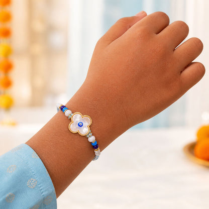 Flower Evil Eye Rakhi with Pearl Beads and Soft Petal Center Design