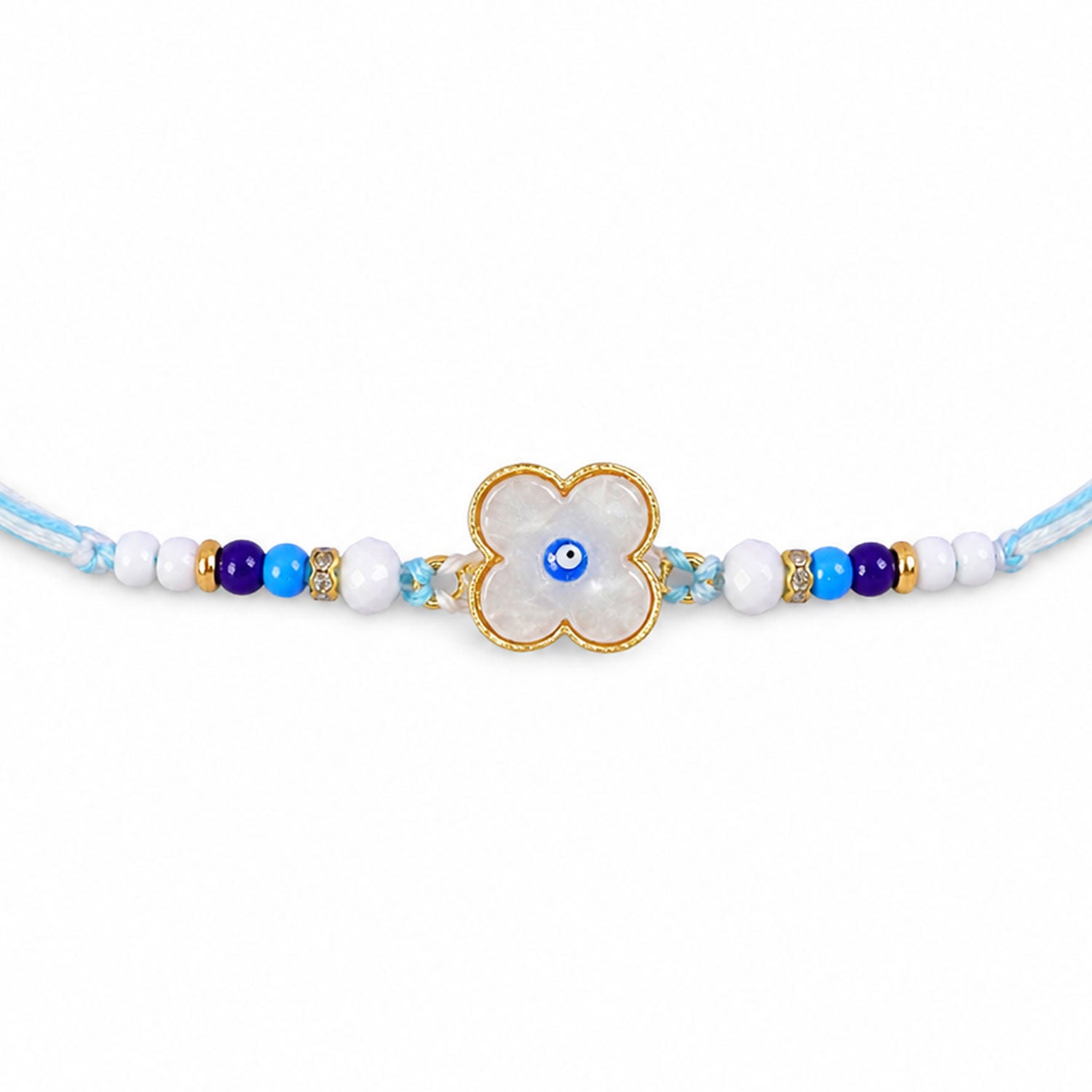 Flower Evil Eye Rakhi with Pearl Beads and Soft Petal Center Design