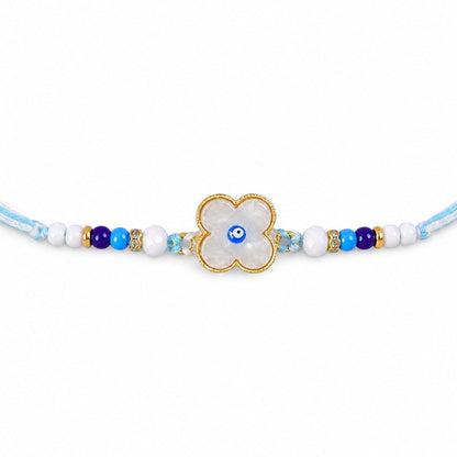 Flower Evil Eye Rakhi with Pearl Beads and Soft Petal Center Design