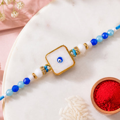 Square Evil Eye Rakhi with Pearl Beads and Simple Center Charm Design