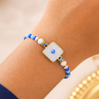 Square Evil Eye Rakhi with Pearl Beads and Simple Center Charm Design