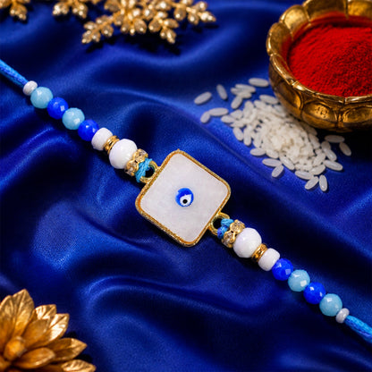 Square Evil Eye Rakhi with Pearl Beads and Simple Center Charm Design
