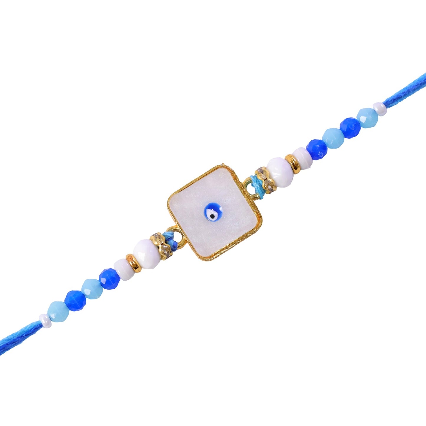 Square Evil Eye Rakhi with Pearl Beads and Simple Center Charm Design