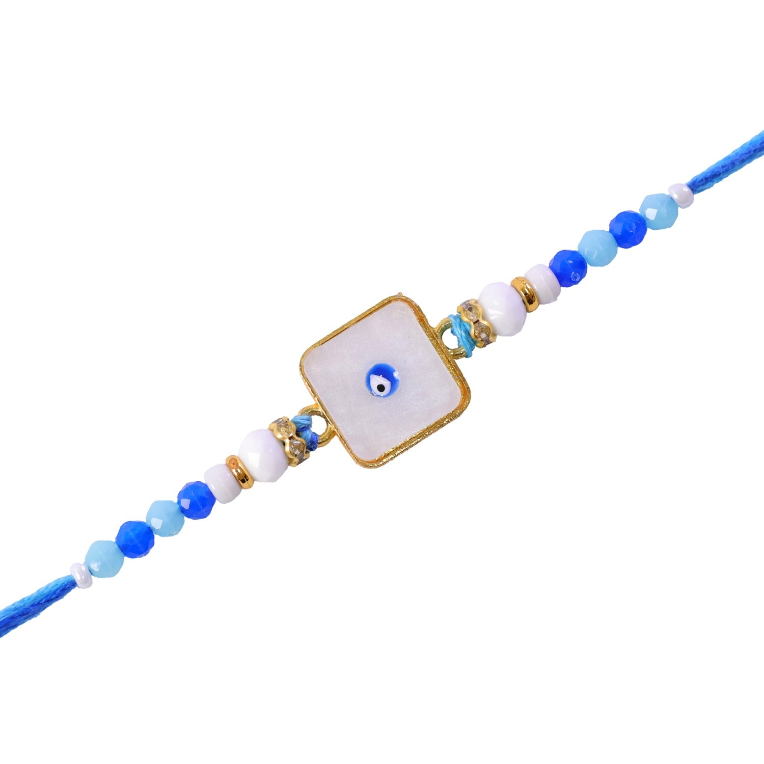 Square Evil Eye Rakhi with Pearl Beads and Simple Center Charm Design
