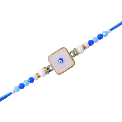 Square Evil Eye Rakhi with Pearl Beads and Simple Center Charm Design