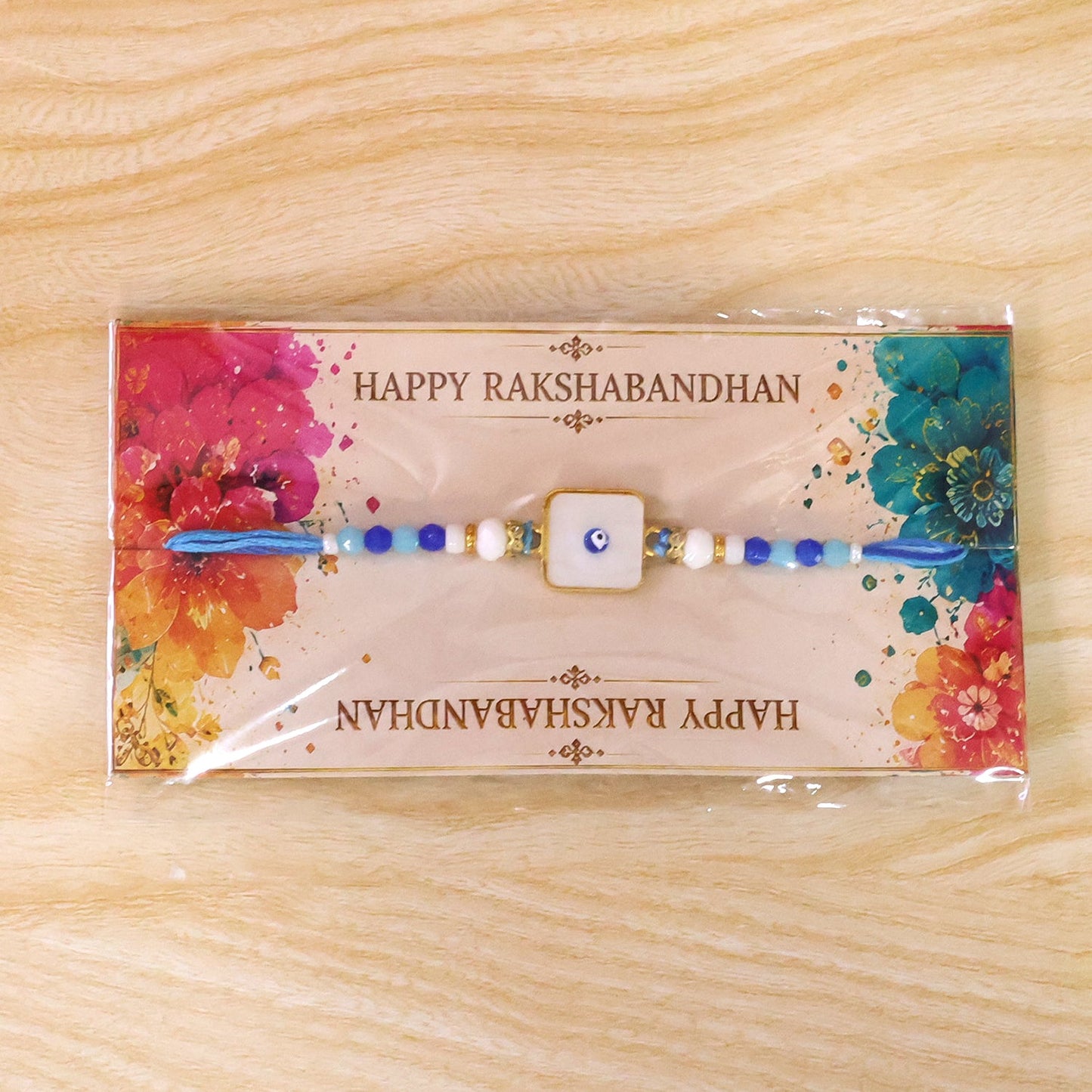 Square Evil Eye Rakhi with Pearl Beads and Simple Center Charm Design