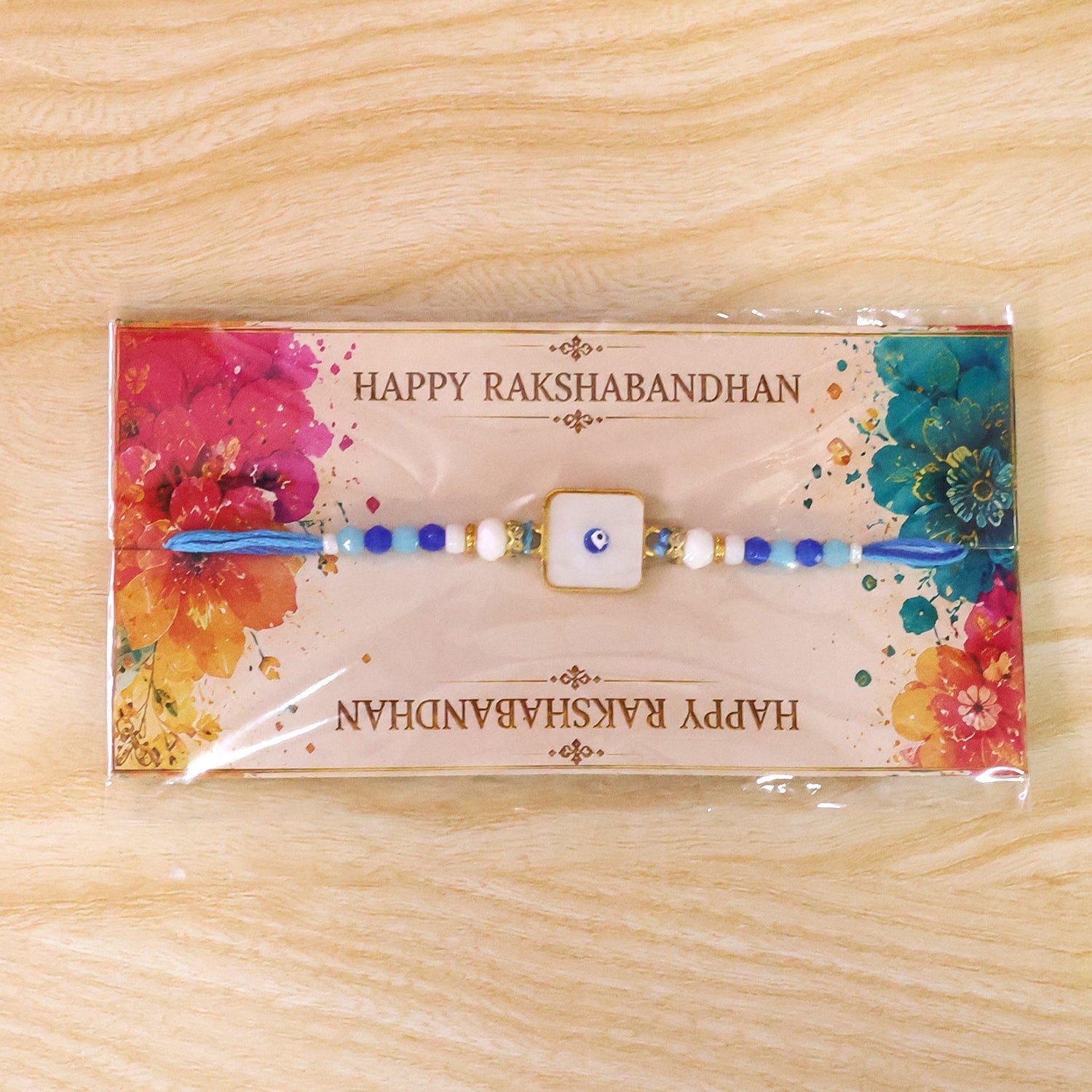 Square Evil Eye Rakhi with Pearl Beads and Simple Center Charm Design
