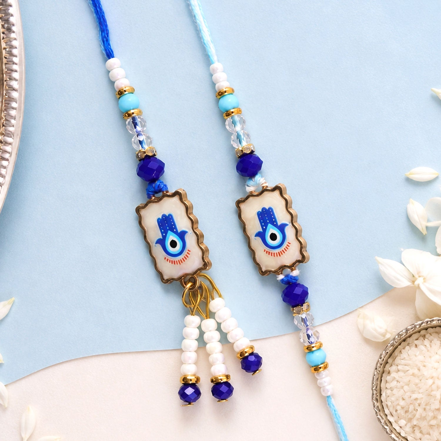 Premium Evil Eye Bhai Bhabhi Lumba Rakhi Pair with Hanging Beads and Stone Center Detail