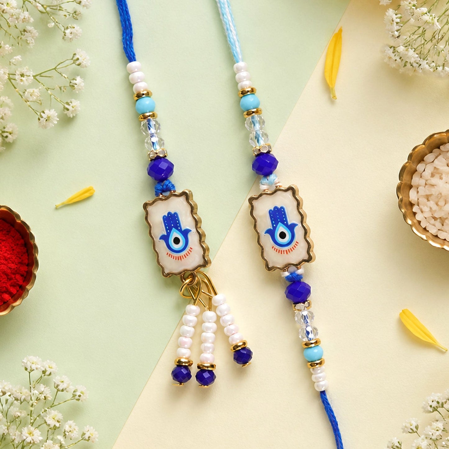 Premium Evil Eye Bhai Bhabhi Lumba Rakhi Pair with Hanging Beads and Stone Center Detail