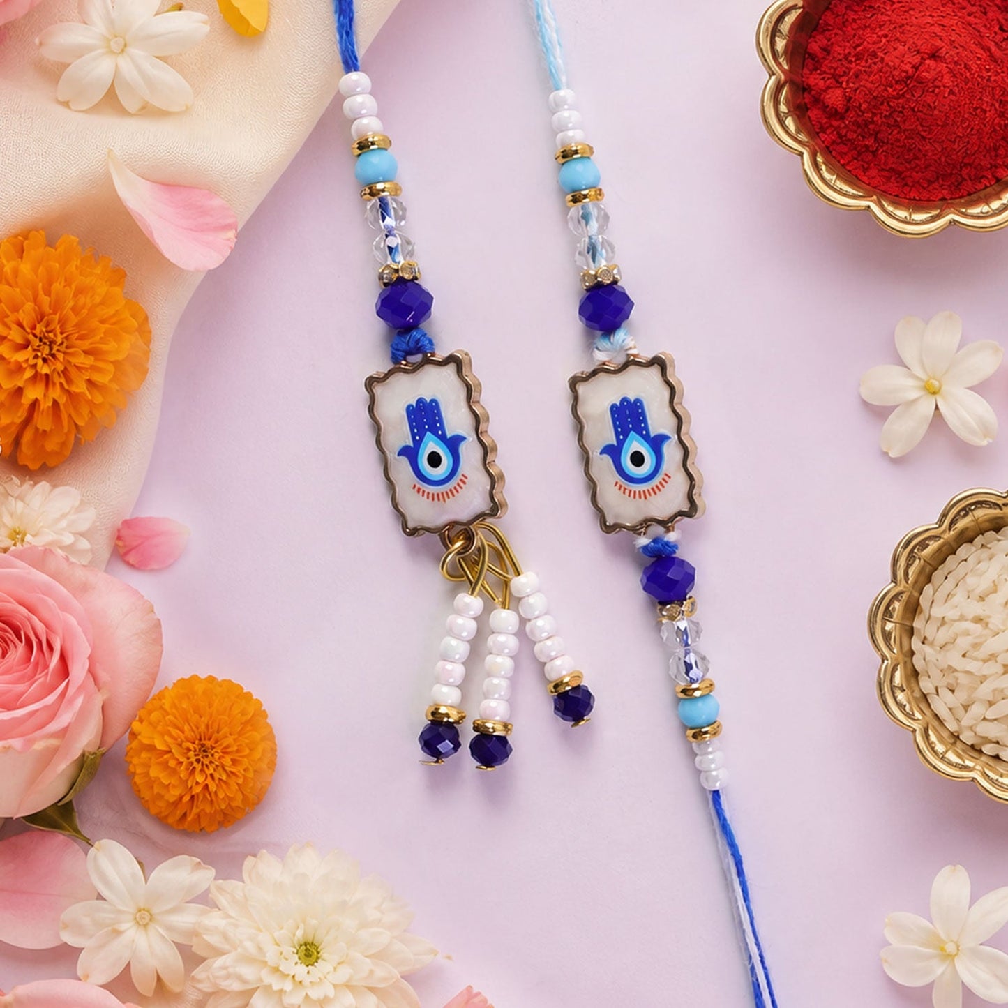 Premium Evil Eye Bhai Bhabhi Lumba Rakhi Pair with Hanging Beads and Stone Center Detail